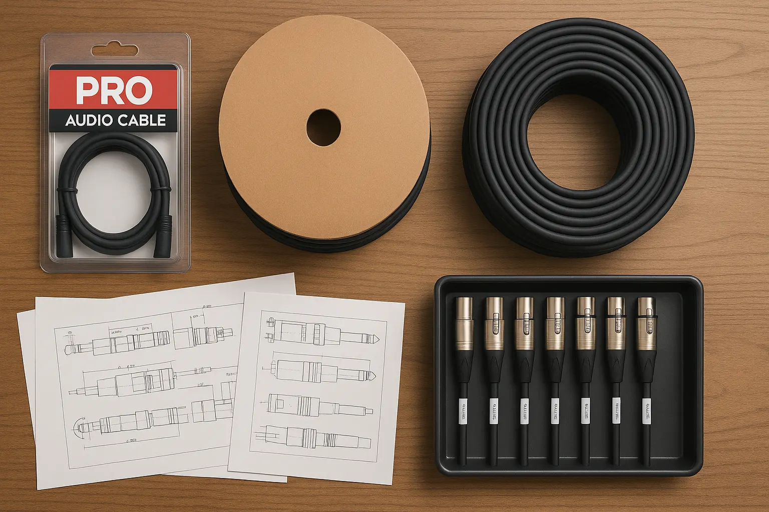 Overhead view of different audio cable business types including retail cables, bulk reels, custom assemblies, and connector drawings..png