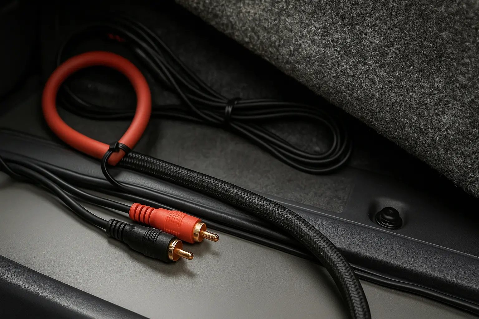 Car audio installation showing RCA cables routed near power lines inside a vehicle trunk.png