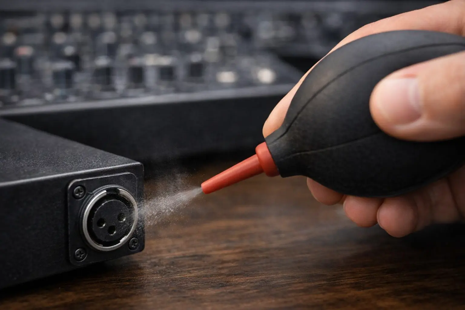 ALT Dry cleaning an audio connector using a manual air bulb to remove dust before any liquid is applied..png