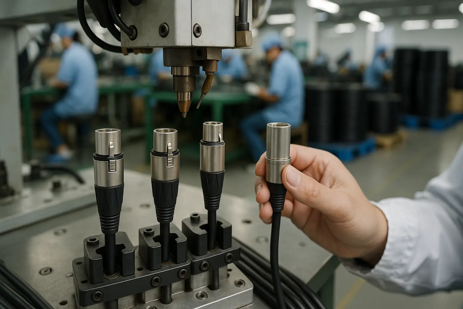 Factory assembly line producing DMX cables with automated soldering equipment.png