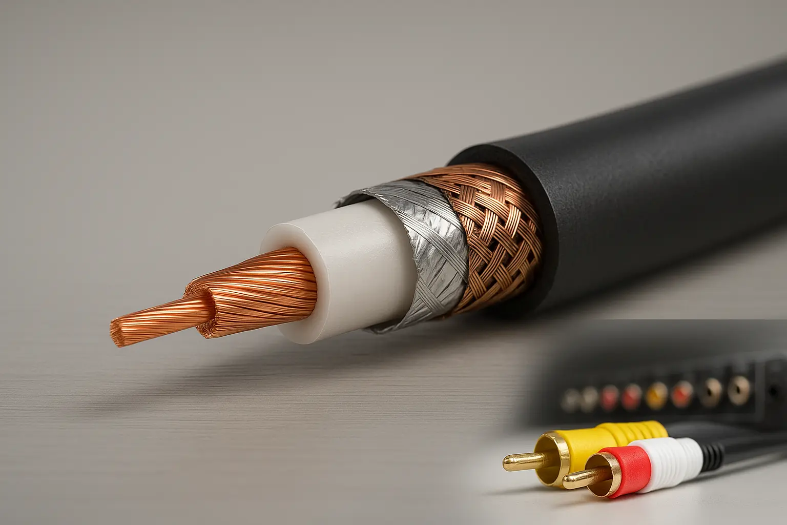 Cross-section view of a standard RCA cable showing copper conductor, insulation, shielding, and outer jacket.png