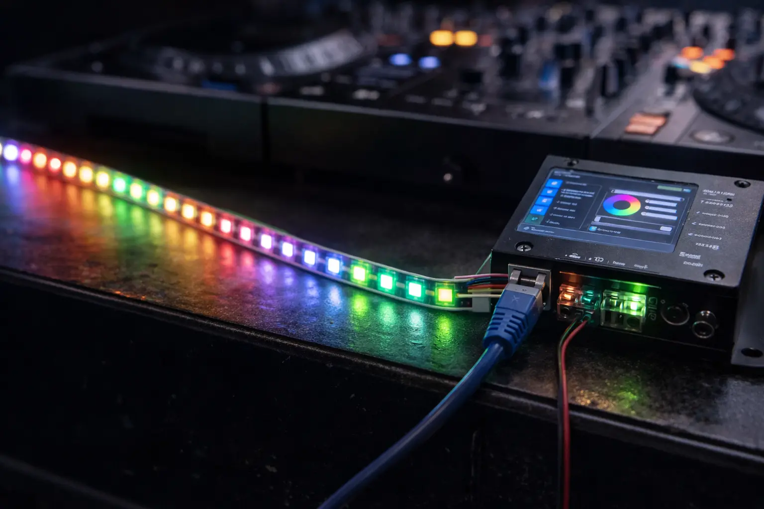 WS2815 pixel LED strip running chase effects controlled by a dedicated pixel controller using network-based lighting data..png