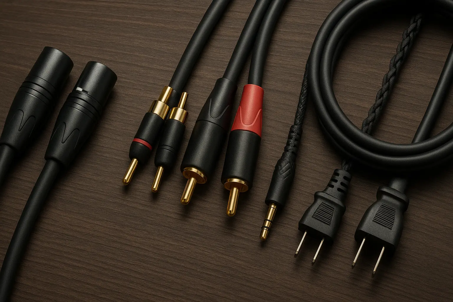 Different types of high quality audio cables including XLR, RCA, speaker, headphone, and power cables on a table..png
