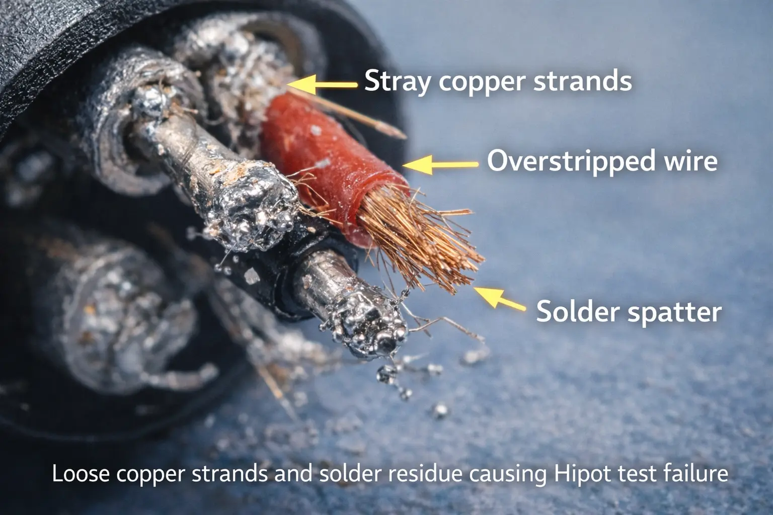 Loose copper strands and solder residue causing Hipot test failure in audio cable connectors.png