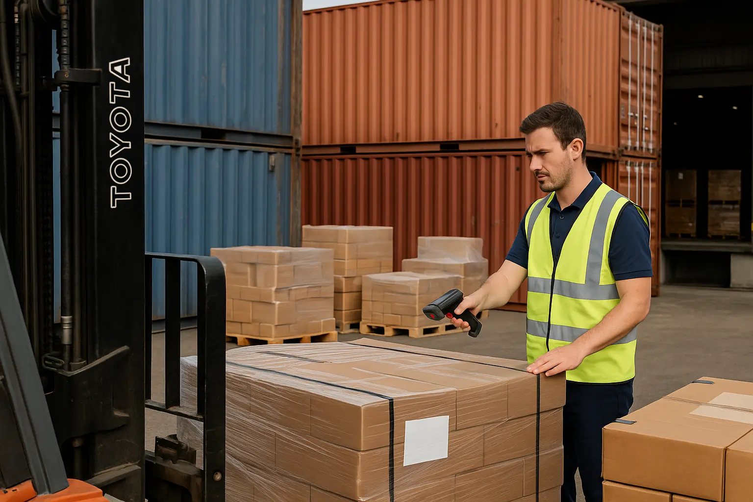 Palletized shipments and containers in a US logistics hub for OEM electronics distribution.png