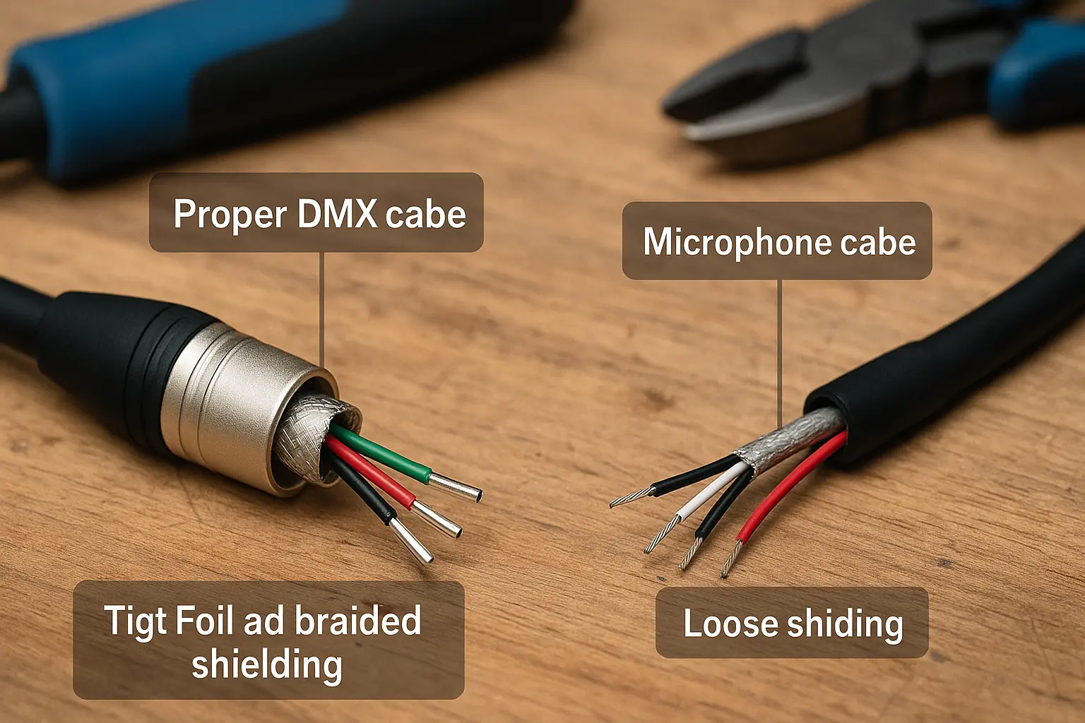 Comparison of real DMX cable and a microphone cable on a workbench.png