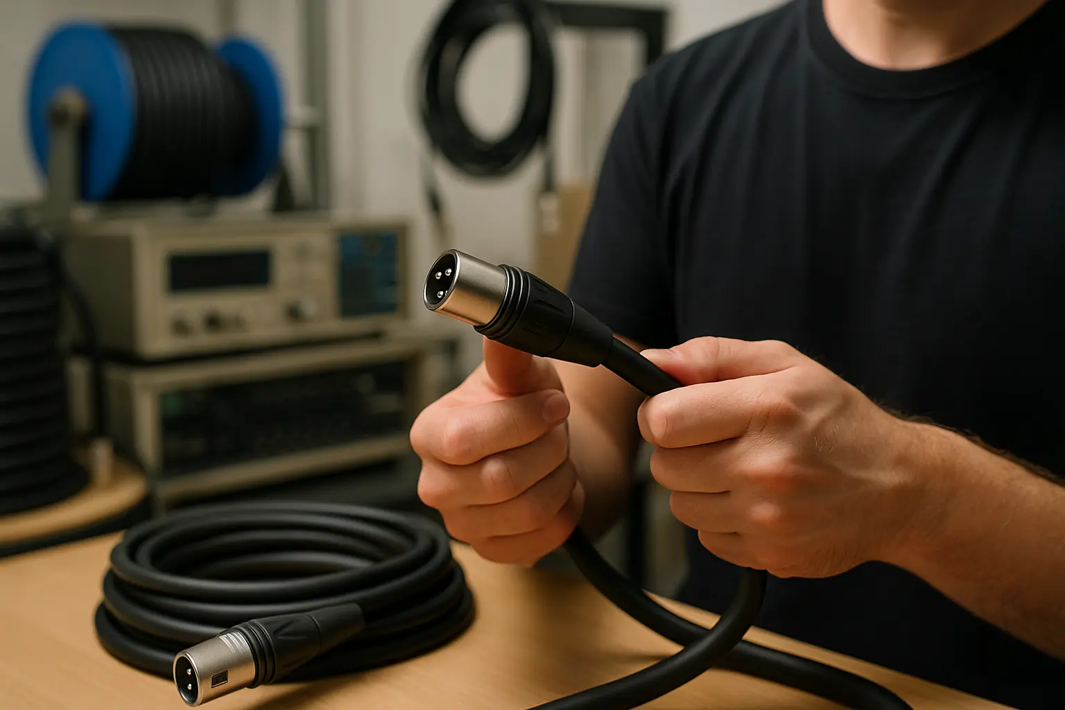 Technician in a cable factory inspecting a heavy-duty tour-grade XLR mic cable with testing equipment in the background..png