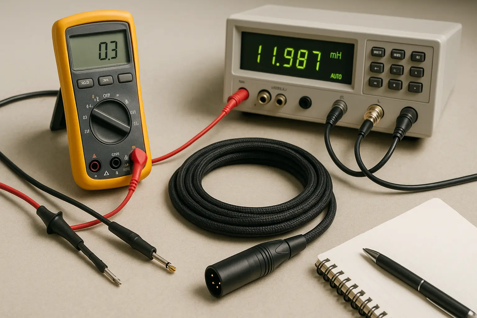 Lab bench with test instruments measuring the electrical performance of a high quality audio cable..png