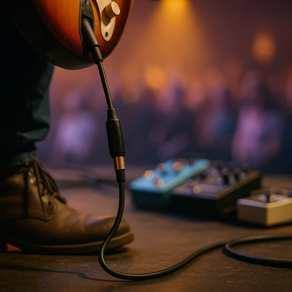 Guitarist on stage with a high quality instrument cable and magnetic-style plug near the player’s foot..png