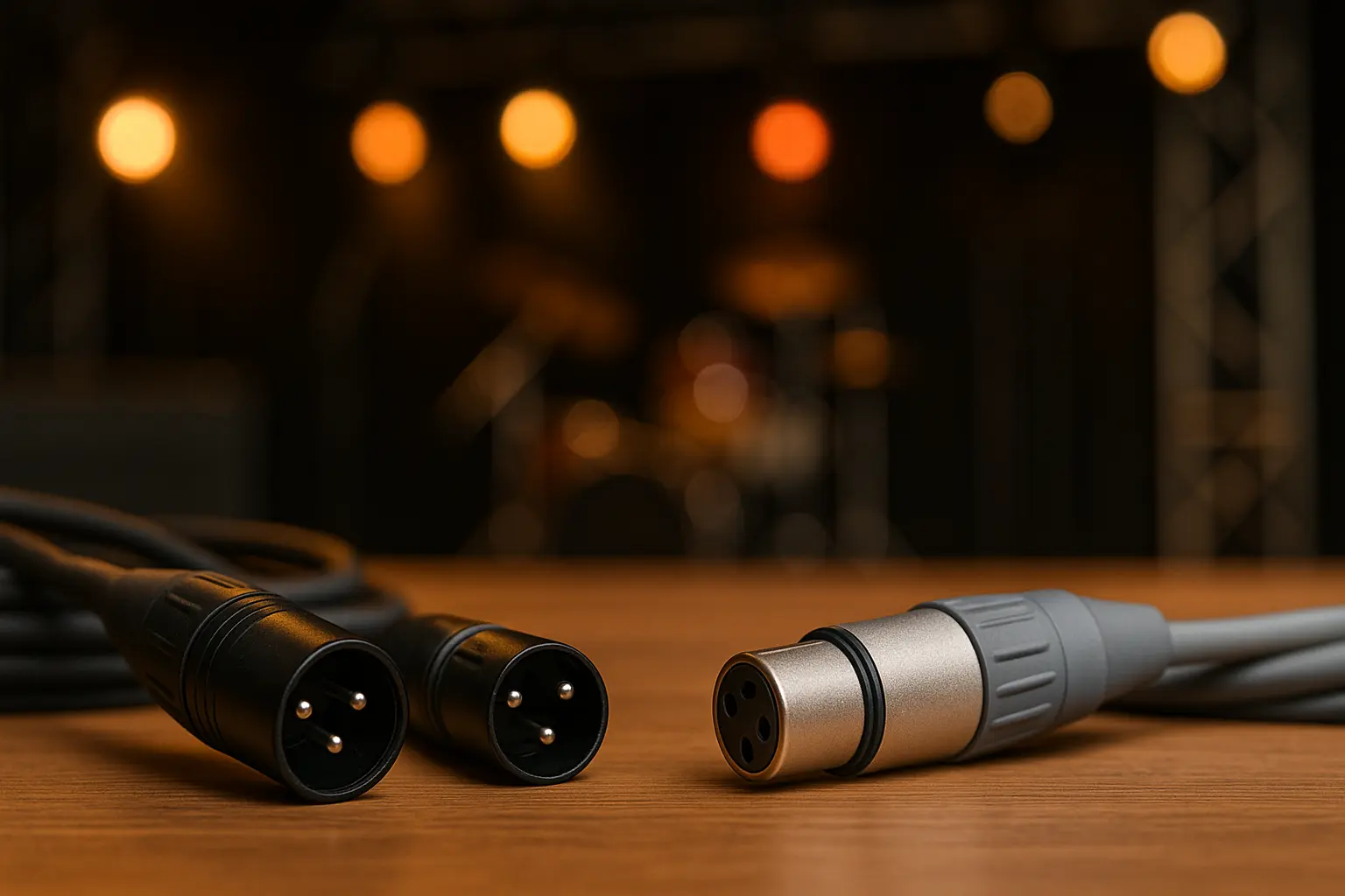 Close-up of audio XLR mic cable and DMX lighting cable side by side with stage lights blurred in the background..png