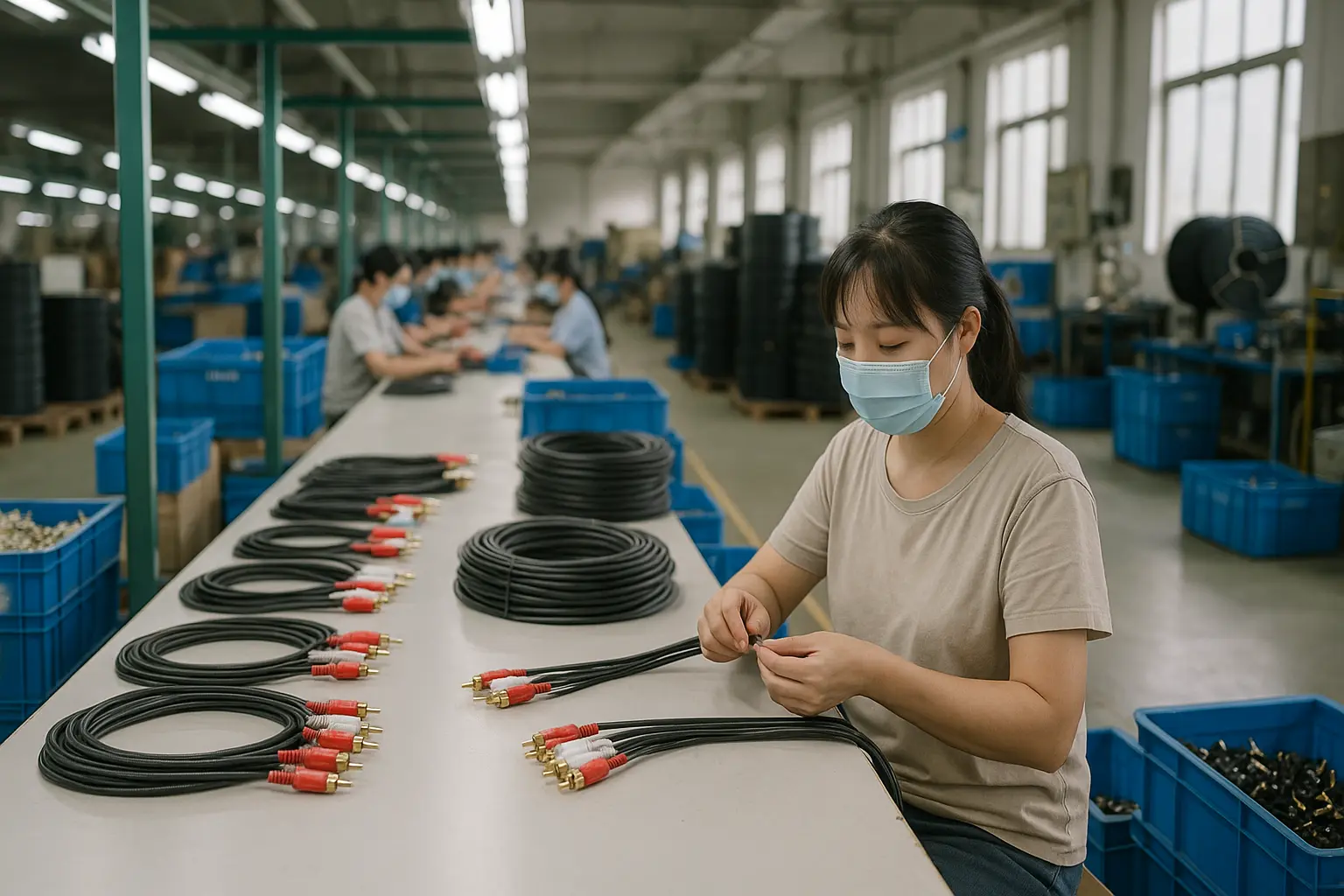 Manufacturing line inside Ningbo Jingyi Electronic factory assembling RCA cables.png