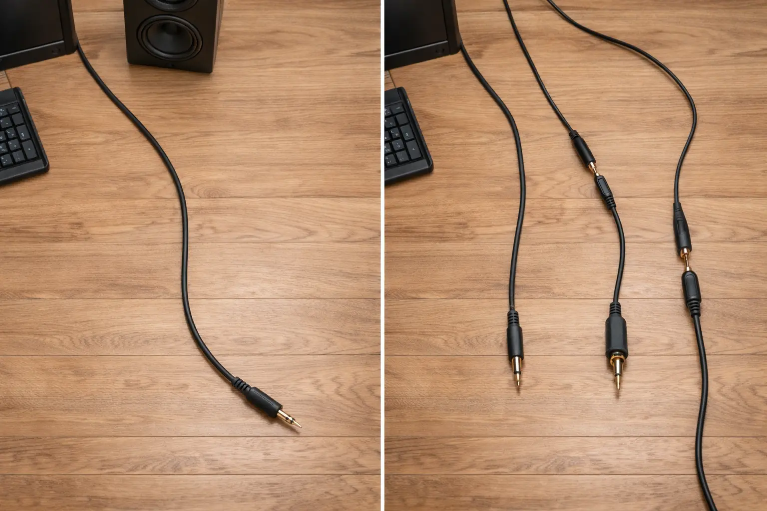 Technician testing multiple 3.5mm audio cables of different lengths in a manufacturing or quality control environment.png