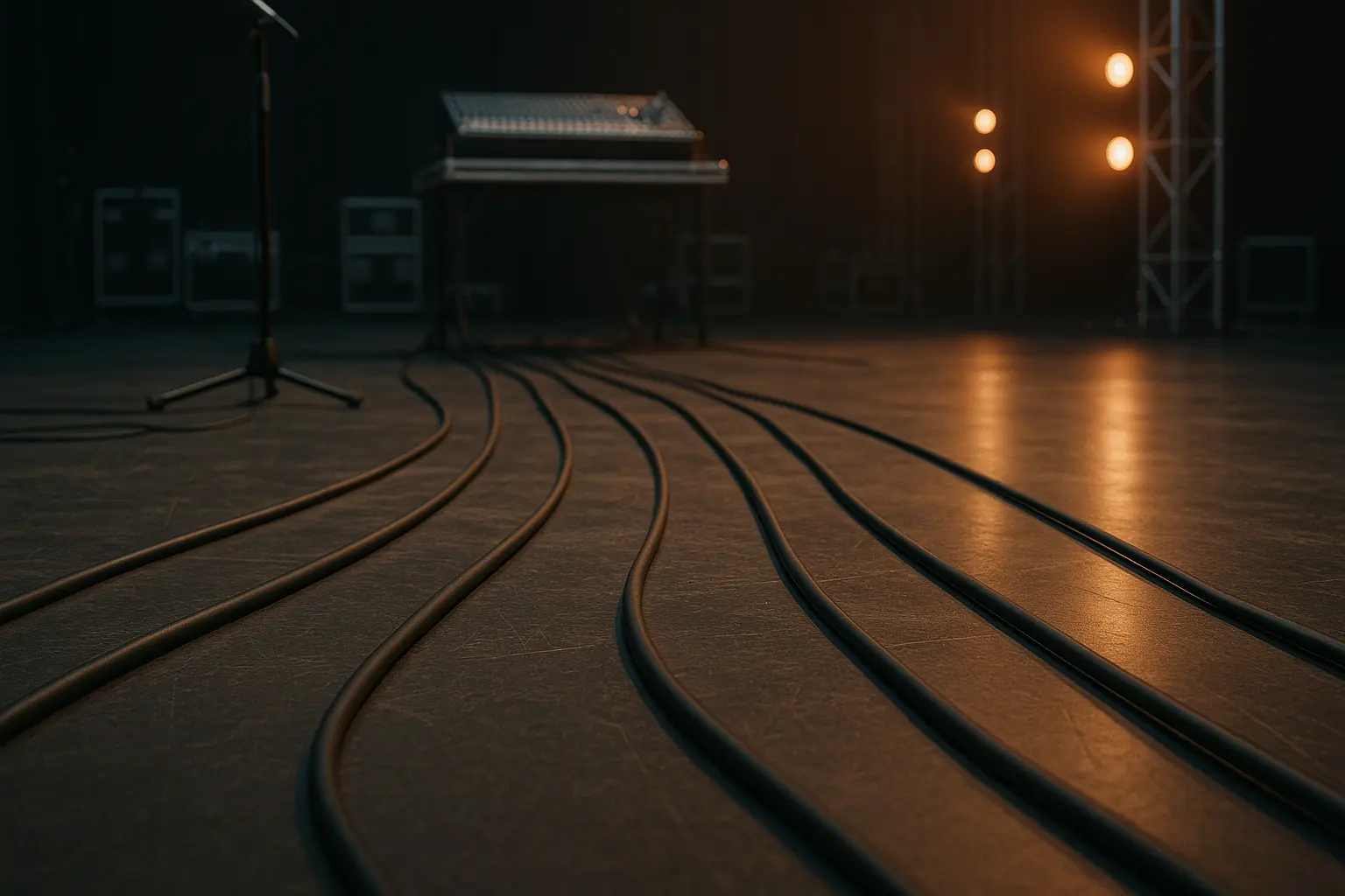 “Long XLR cables running across a live sound stage toward a mixing console.”.png