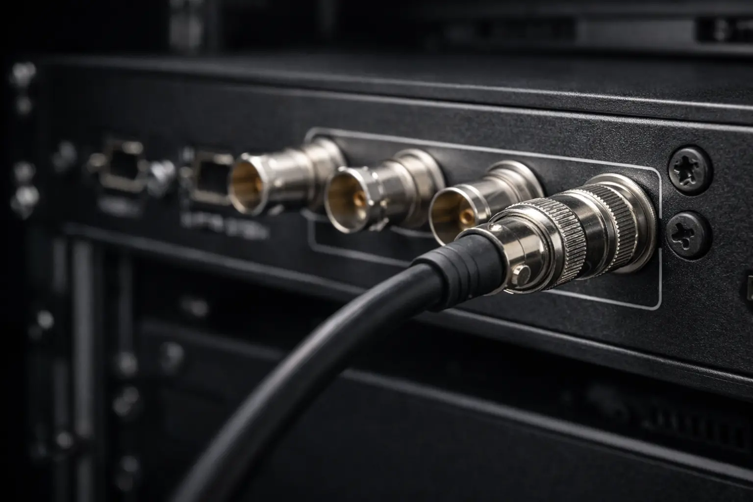 75-ohm BNC connectors used for AES3id digital audio and word clock synchronization in professional audio equipment.png