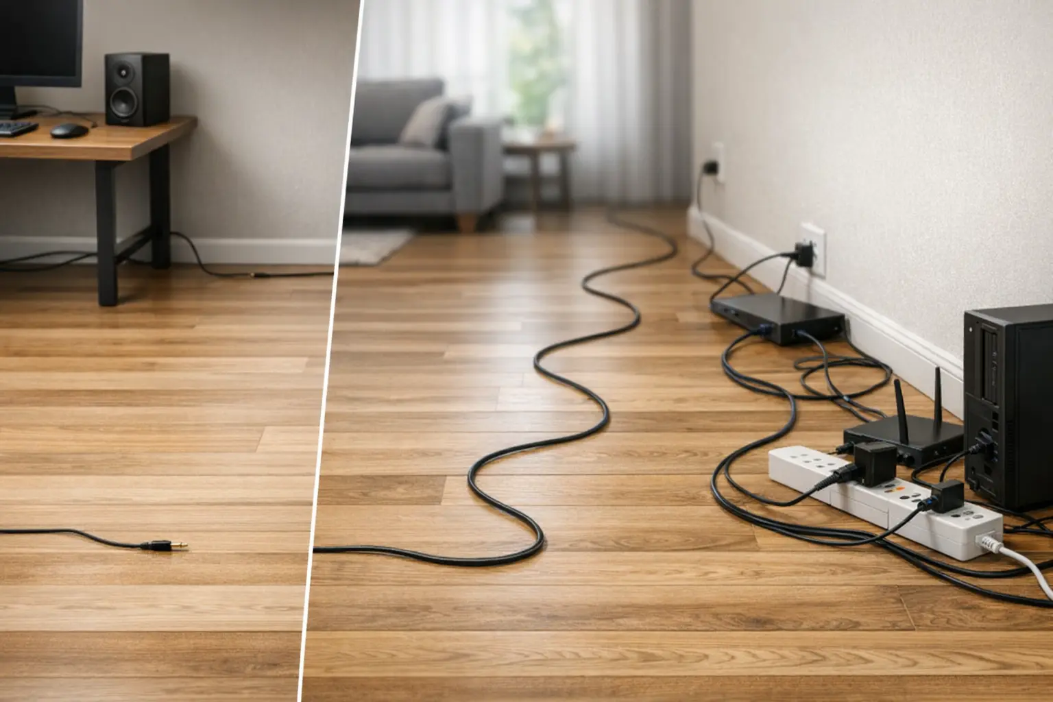 Different lengths of a 3.5mm audio cable laid across a room, showing increasing distance and exposure to power and electronic devices.png