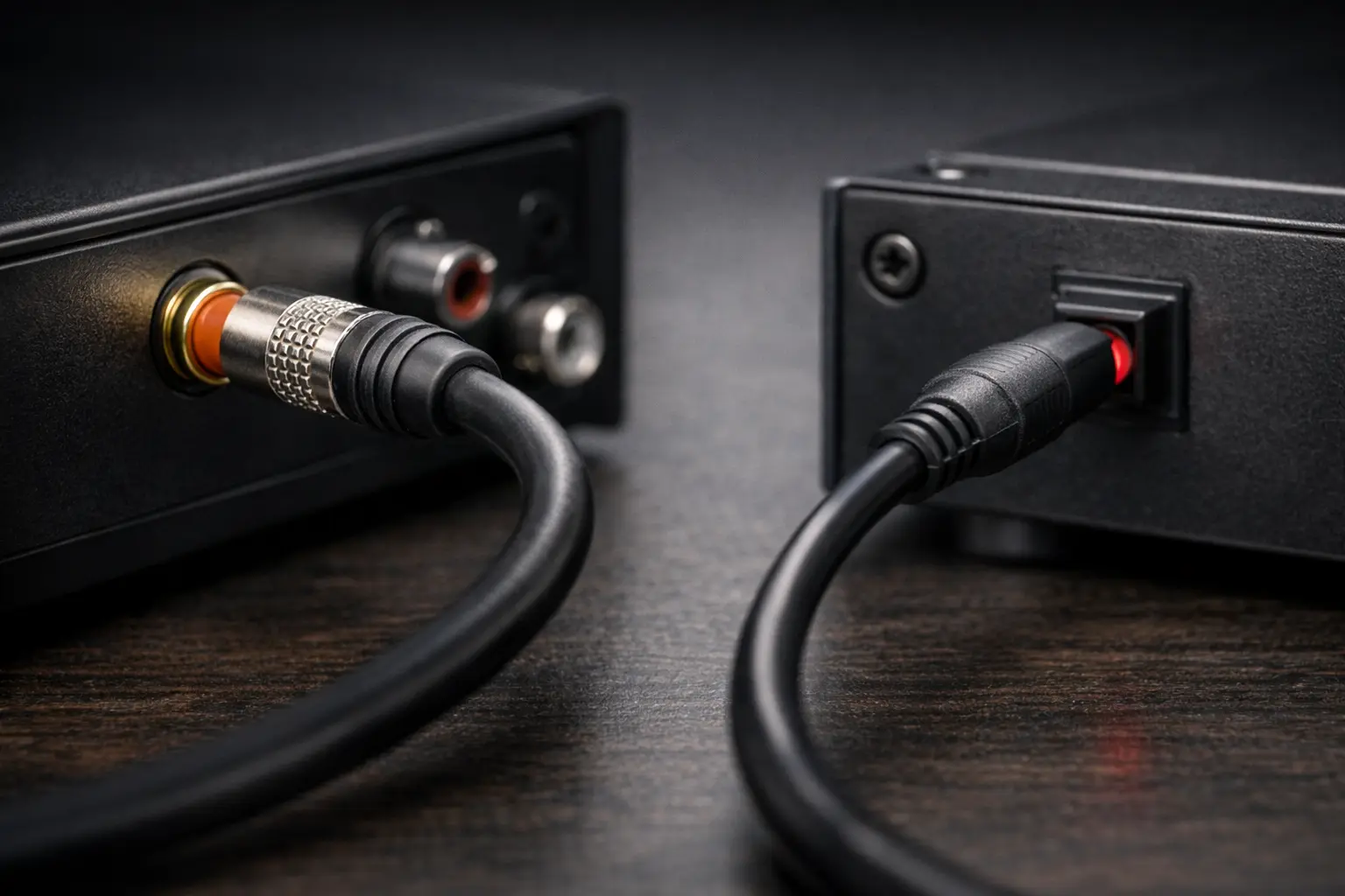 Comparison of coaxial digital audio cable and optical Toslink cable connected to audio devices.png