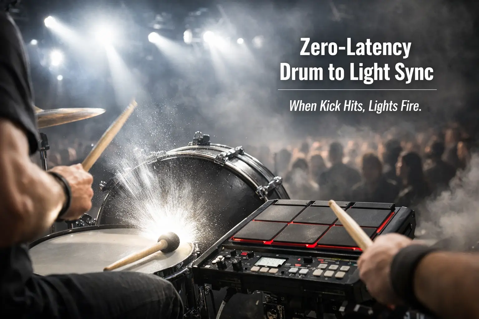 How do I synchronize live drums with DMX lighting for zero-latency performance?