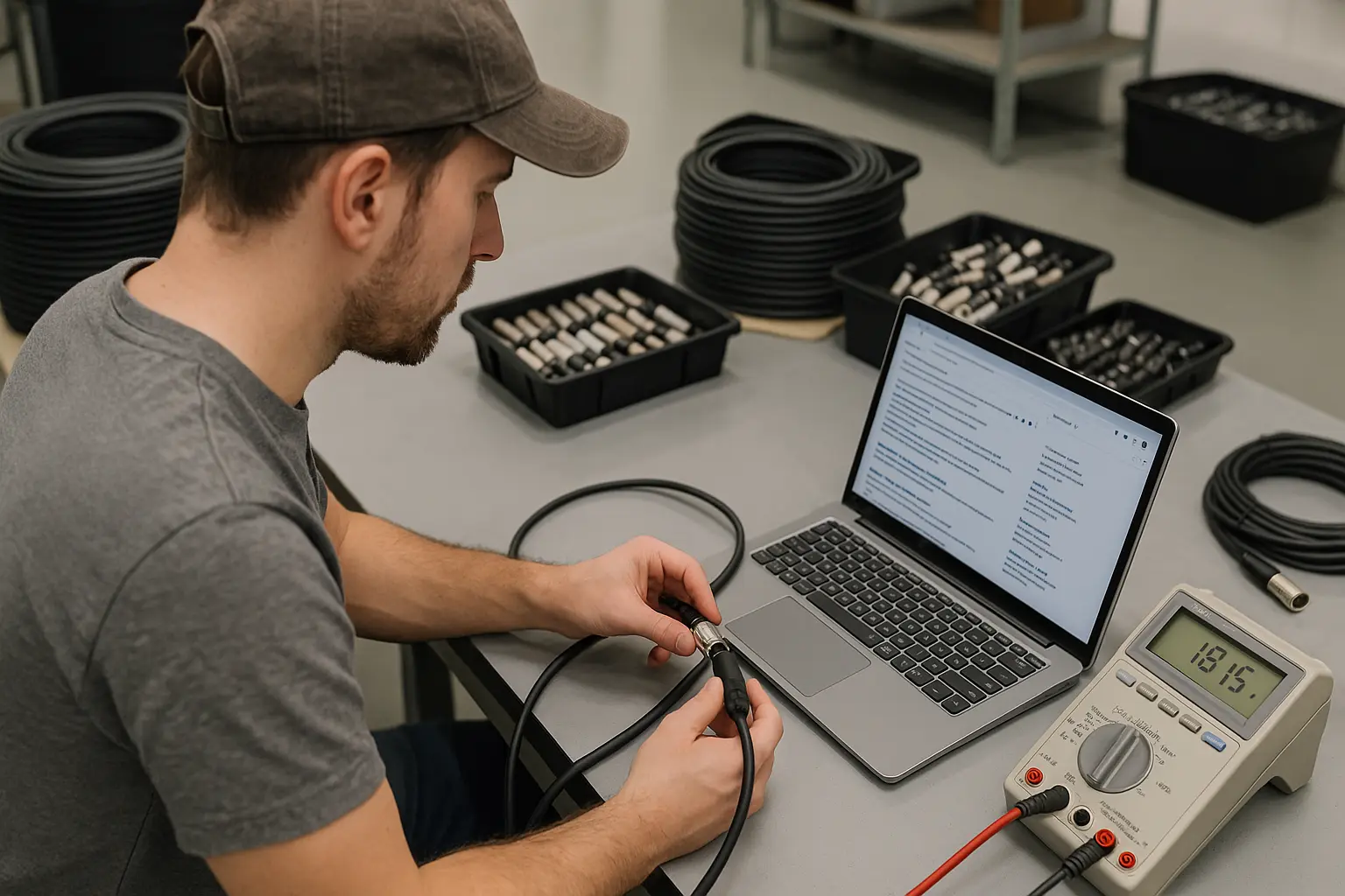 Technician in an audio cable factory lab testing an XLR cable with measurement equipment..png