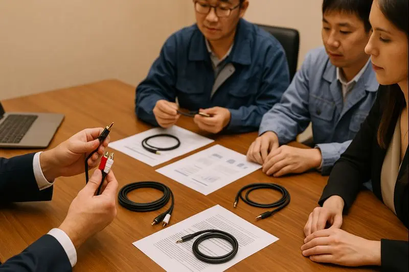 Realistic meeting scene of US brand team reviewing custom audio cable samples with engineers..jpg