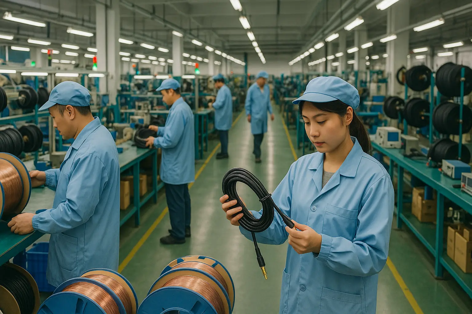 Workers inspecting reels and assemblies in a high quality audio cable manufacturing factory..png