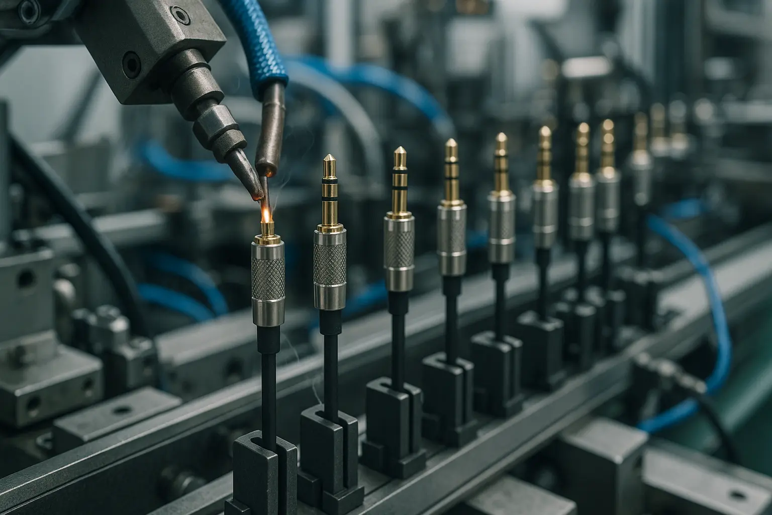 Factory production line assembling audio cables with robotic soldering and metal connectors..png