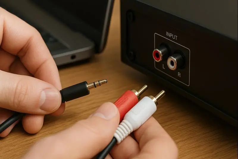 Hands connecting a 3.5mm plug to a laptop and RCA plugs to an amplifier..jpg