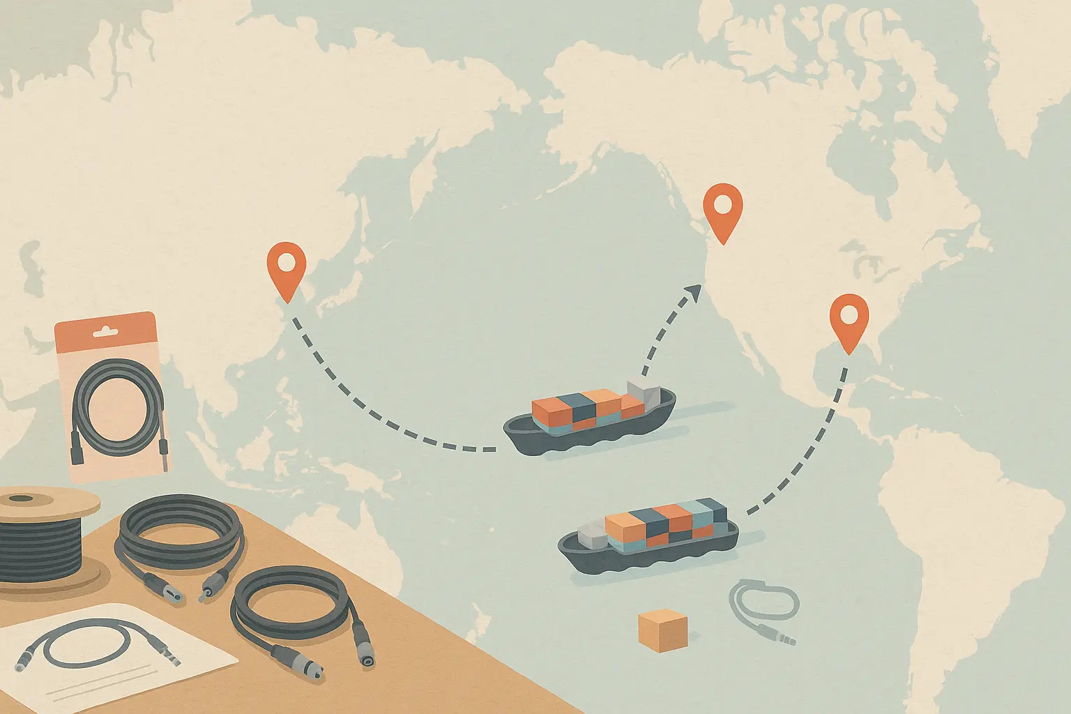 Map-style scene of cargo ships moving from Asian ports to US coasts with subtle audio cable and connector icons..png
