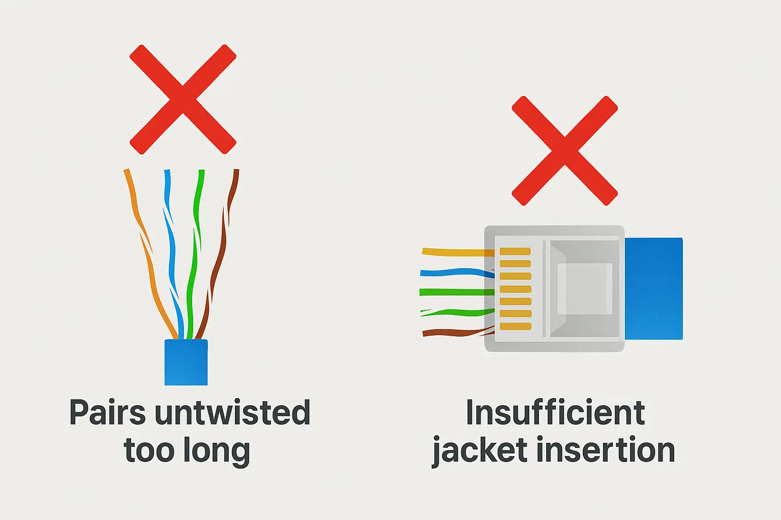 Common Ethernet cable mistakes such as excessive untwisting and insufficient jacket insertion.png
