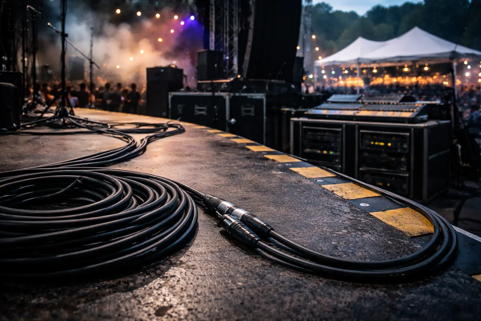 Long XLR snake cable running from stage to front of house mixing console at a live event.png