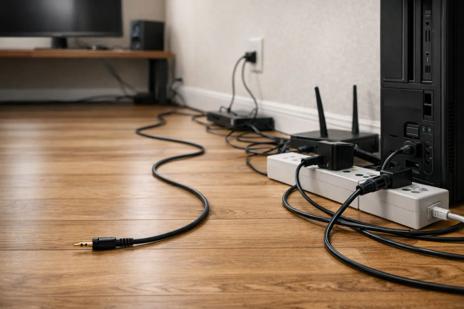 Long unbalanced 3.5mm audio cable routed near power strips, adapters, and computer equipment, illustrating common sources of hum and noise.png